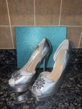 Vintage Betsy Johnson Silver Peep-Toe Platform Heels with Crystal Accent